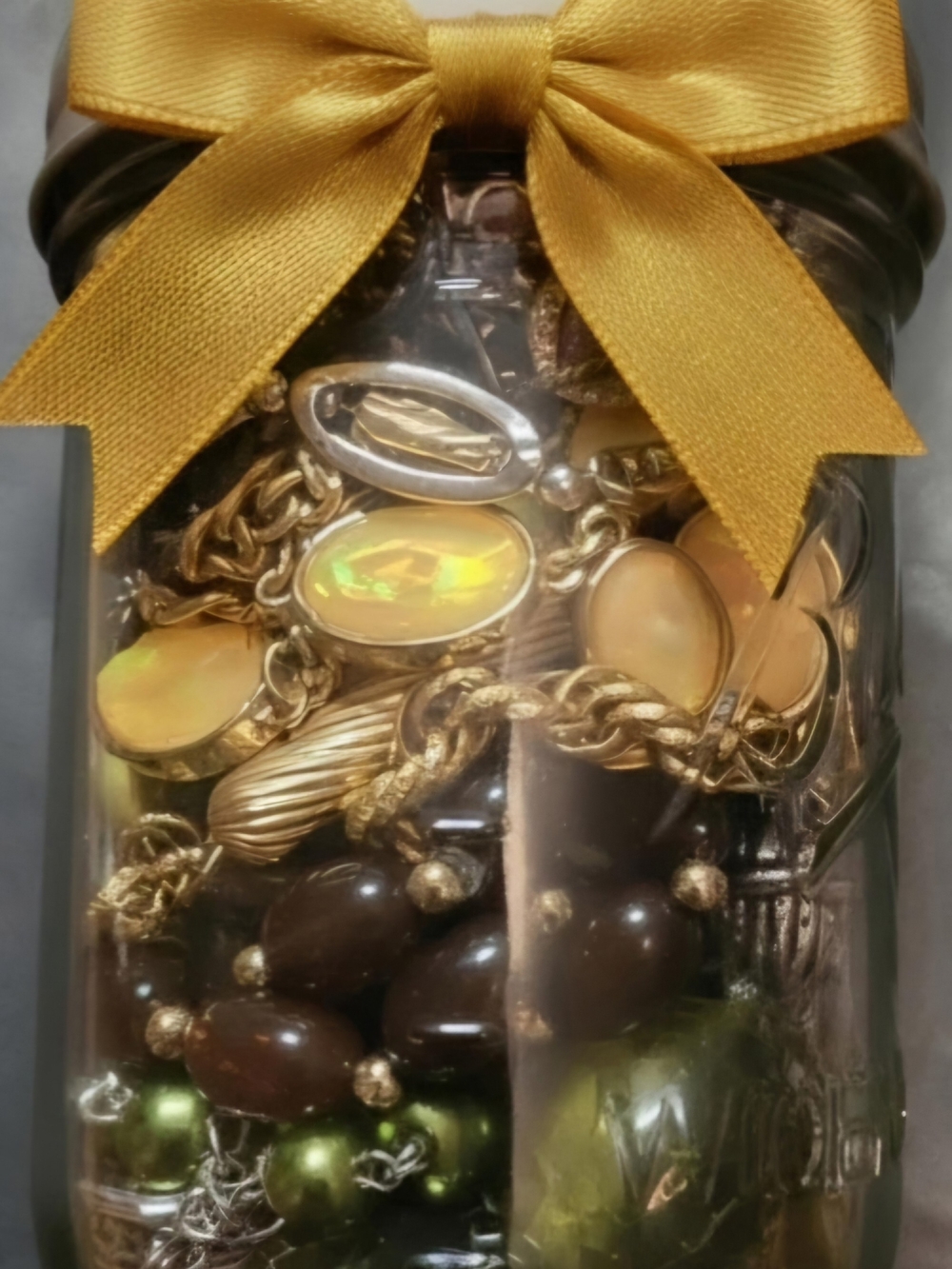 SOLD Mystery Jewelry Jar Gold-Tone Multicolor